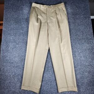 Santorelli Luxury Serge Tan Wool Pleated Cuffed Dress Pants Made in Italy 35x32